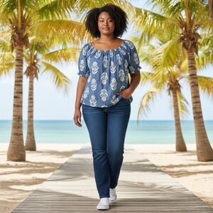 Old Navy Women's 3X Blue Floral Print Off Shoulder Tie Front Top